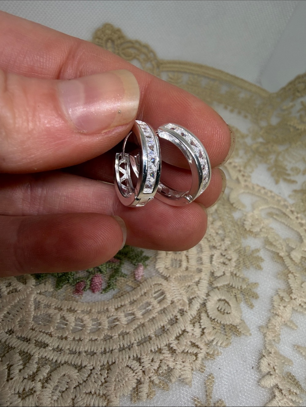New 925 Sterling Silver CZ Huggie Hoop Earrings | Geometric Engraved Design